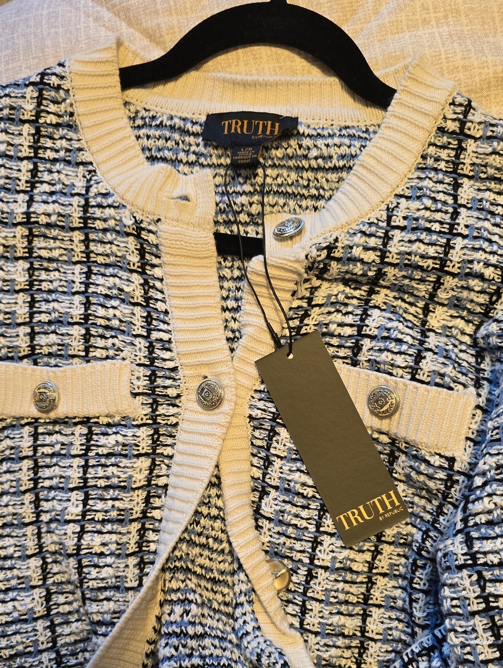 TRUTH Tweed Knit Cardigan Jacket in Cream, Black & Light Blue